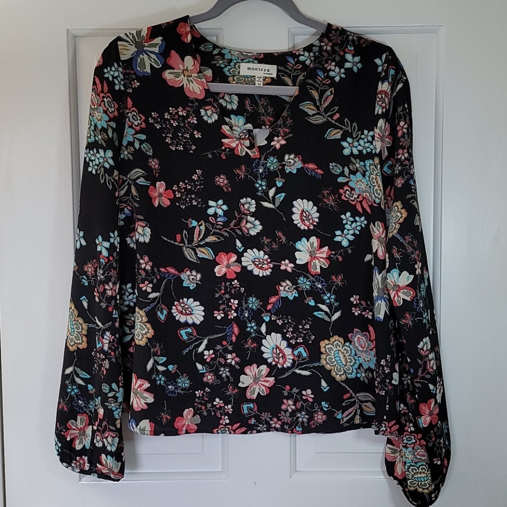 Monteau black floral boho cold shoulder blouse